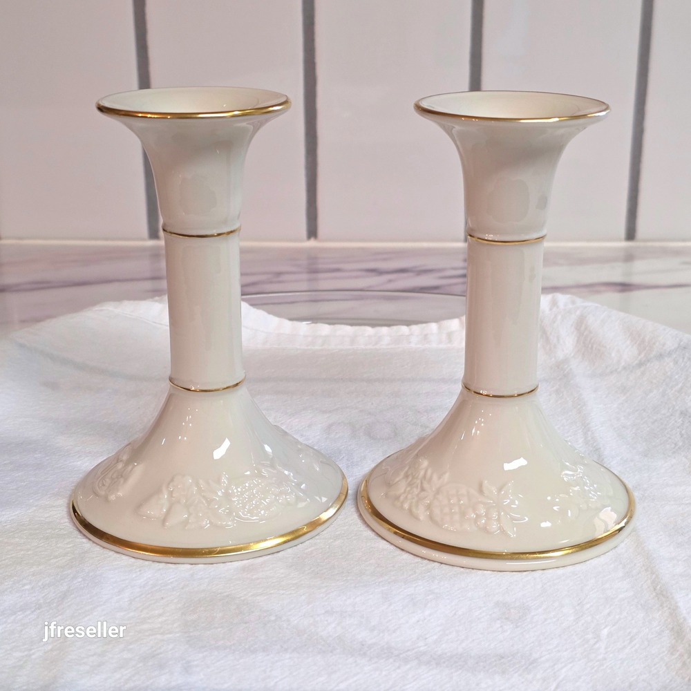 VTG Lenox Fruits of Life Candlesticks 1989 Fine Ivory China 24K Gold Trim Pair